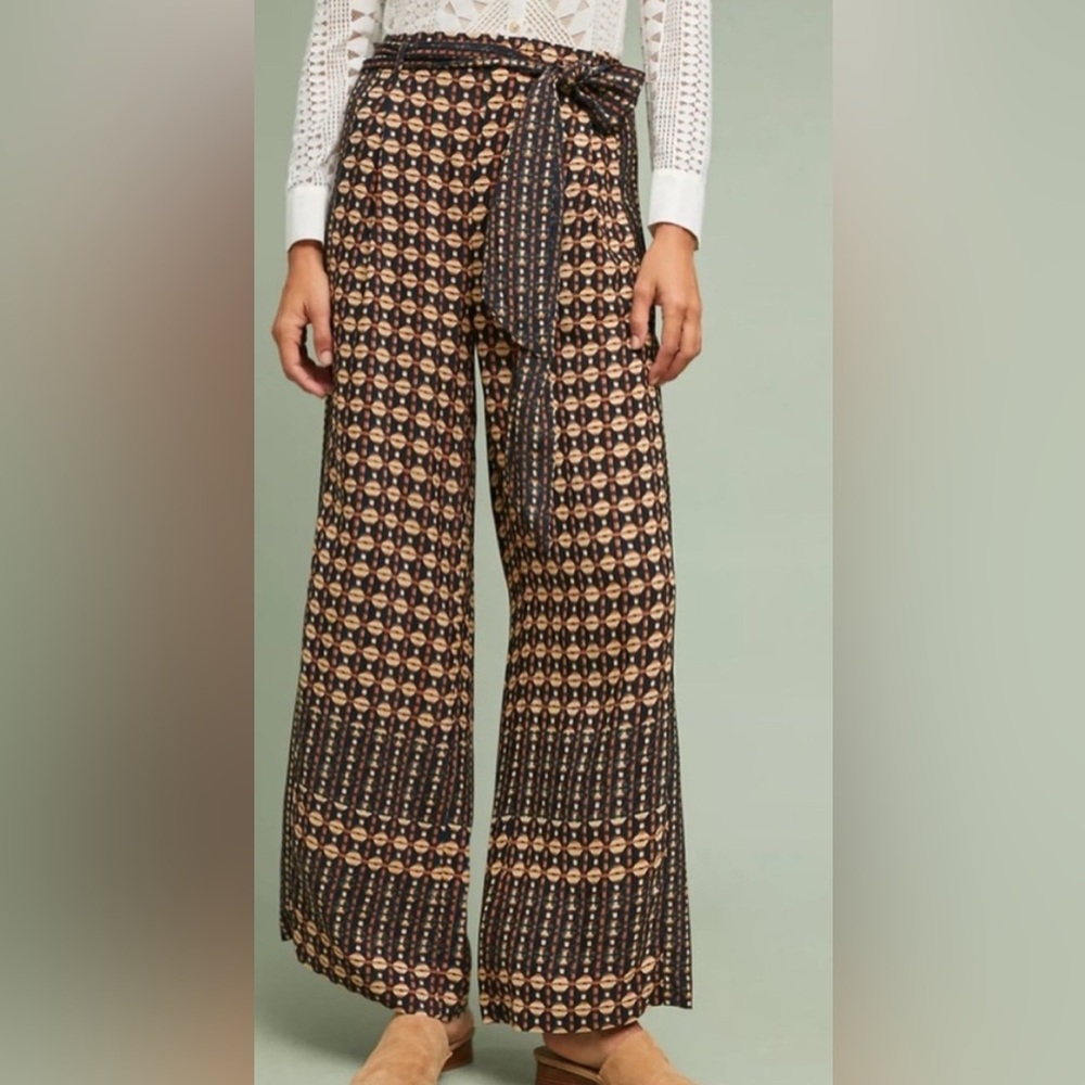 Anthropologie Ett Twa Metzner Black Print Pockets Tie Wide Leg Trousers Size 4